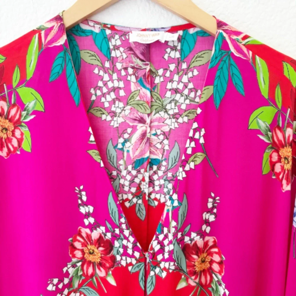 Johnny Was Nanya V-Neck Oversized Floral Print Maxi Kaftan in Red Blush Sz L/XL - Picture 10 of 12